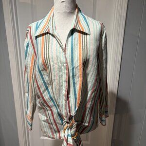 LaFayette 148 Multi-colored Front Tie Striped Blouse Size 14